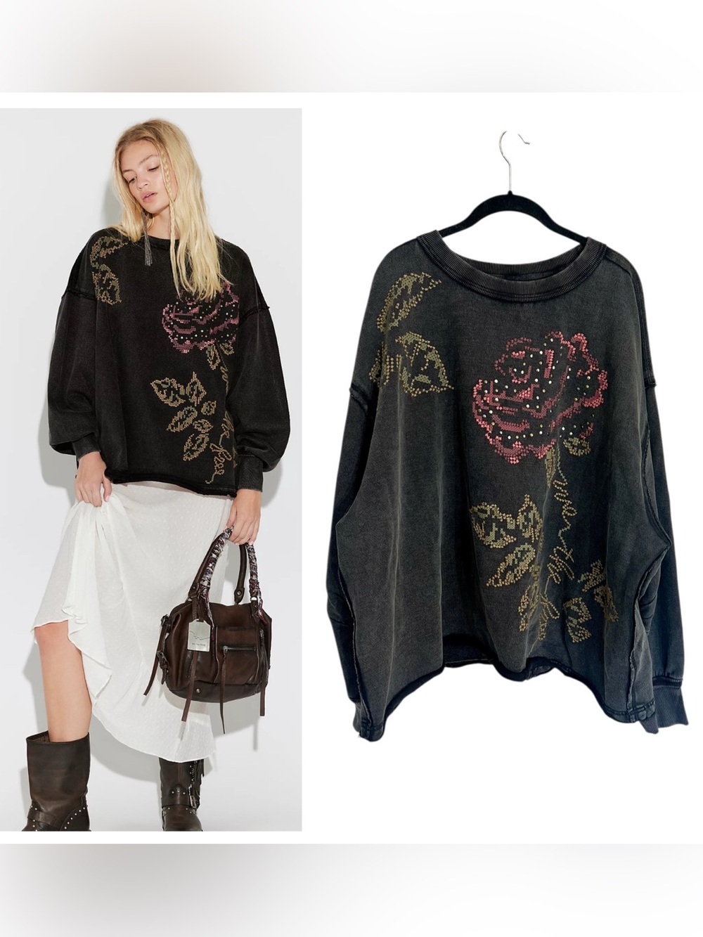 Free People We the Free Washed Rosie Pullover floral oversized sweatshirt L boho